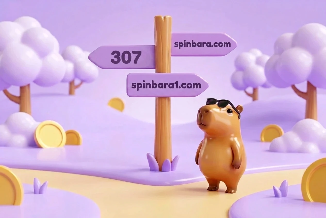 Wegweiser: spinbara.com führt per 307 auf spinbara1.com — davor das Wasserschwein mit Sonnenbrille