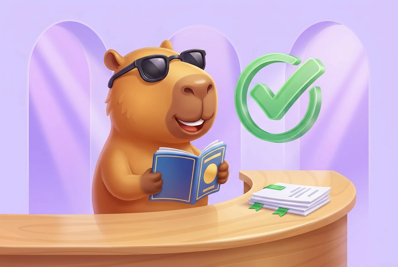 Wasserschwein mit Sonnenbrille hält einen Reisepass, daneben ein grünes Bestätigungshäkchen