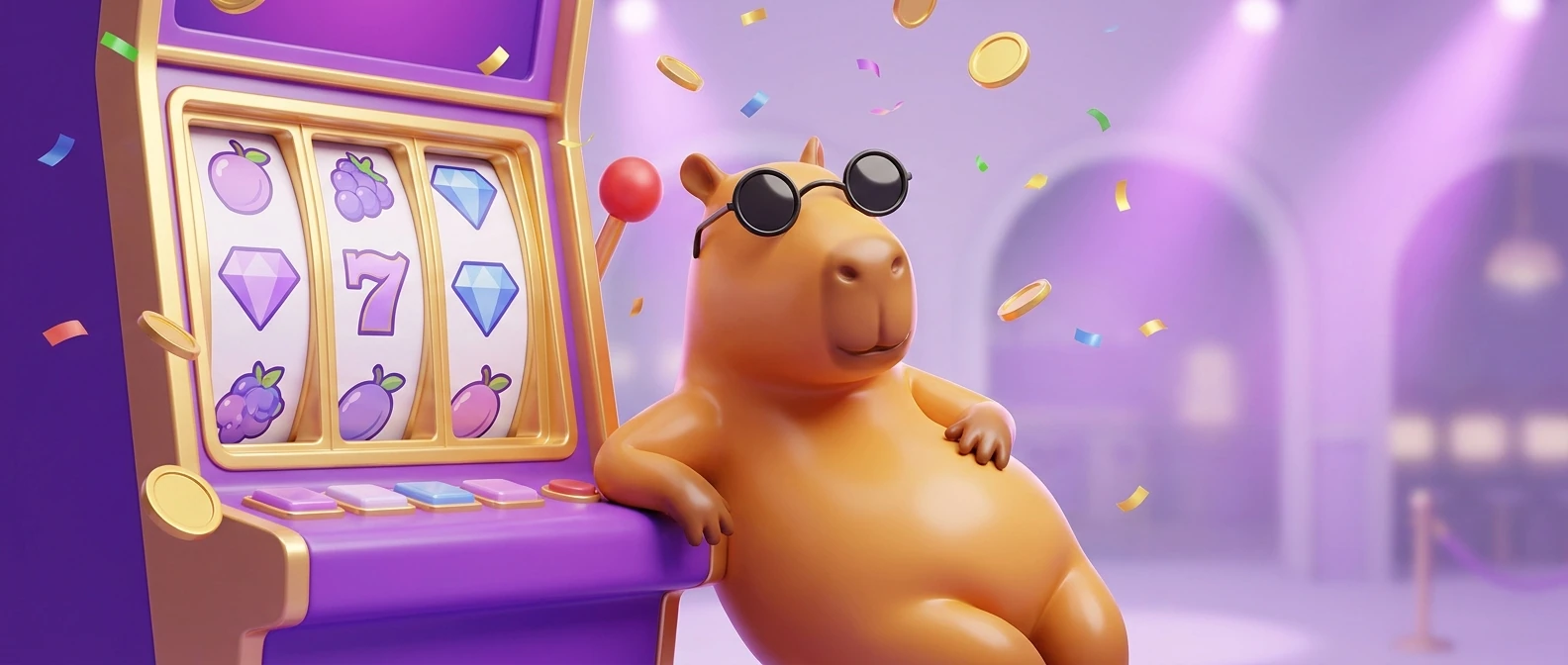 Wasserschwein mit Sonnenbrille lehnt an einem Spielautomaten mit leuchtenden Walzen