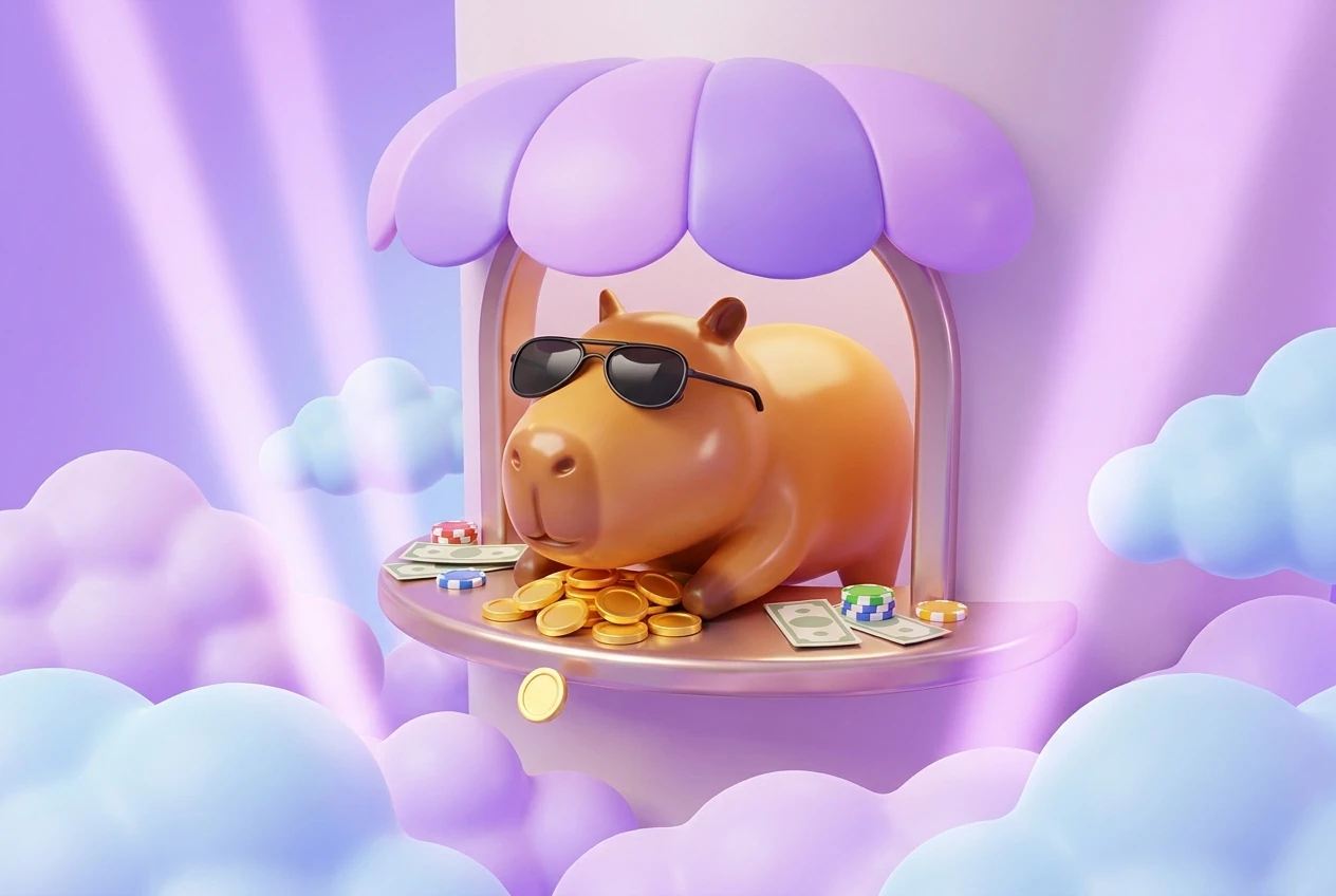 Wasserschwein mit Sonnenbrille am Kassenschalter der Spielhalle, davor Münzen und Scheine