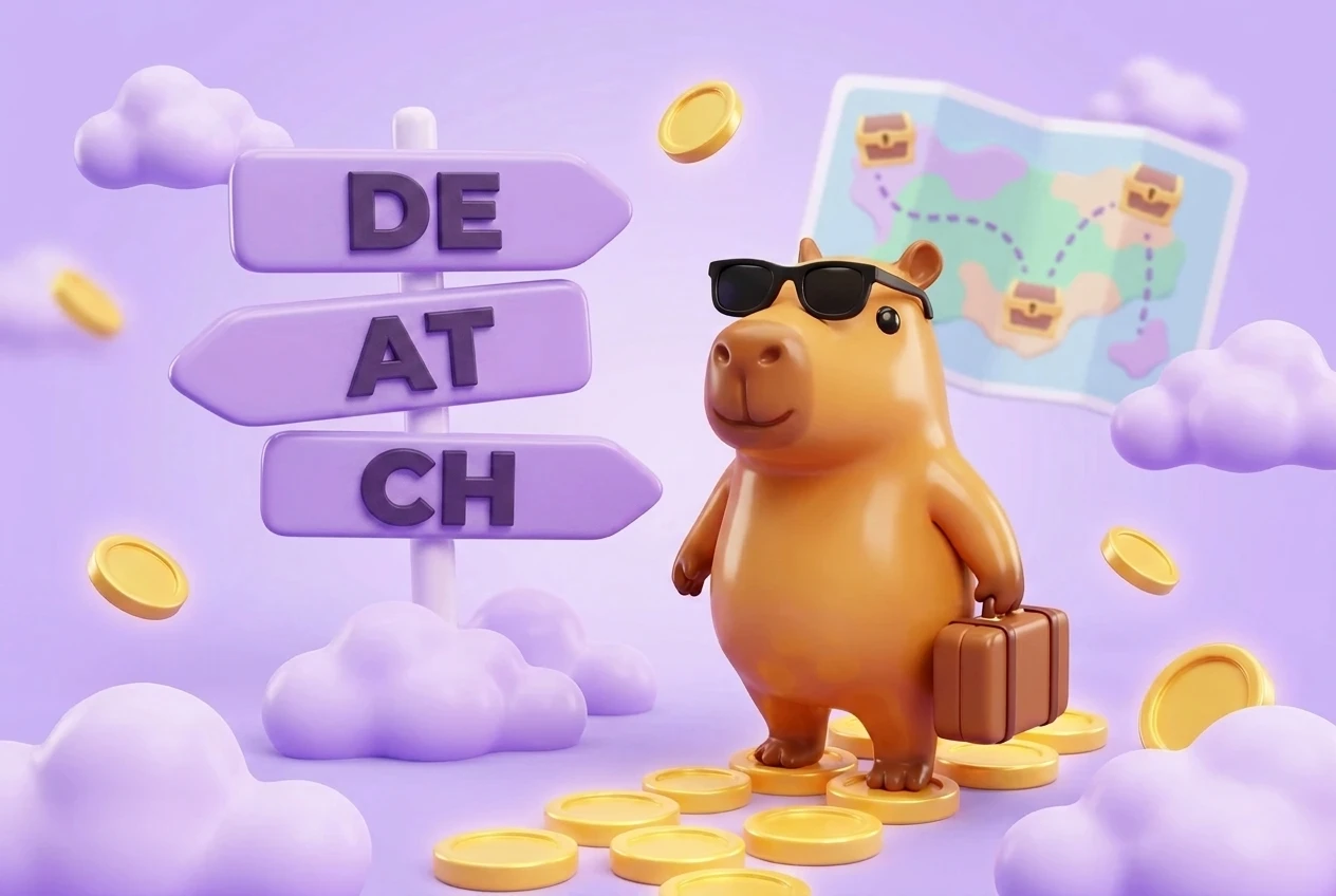 Wasserschwein mit Sonnenbrille und Koffer vor Wegweisern nach Deutschland, Österreich und in die Schweiz